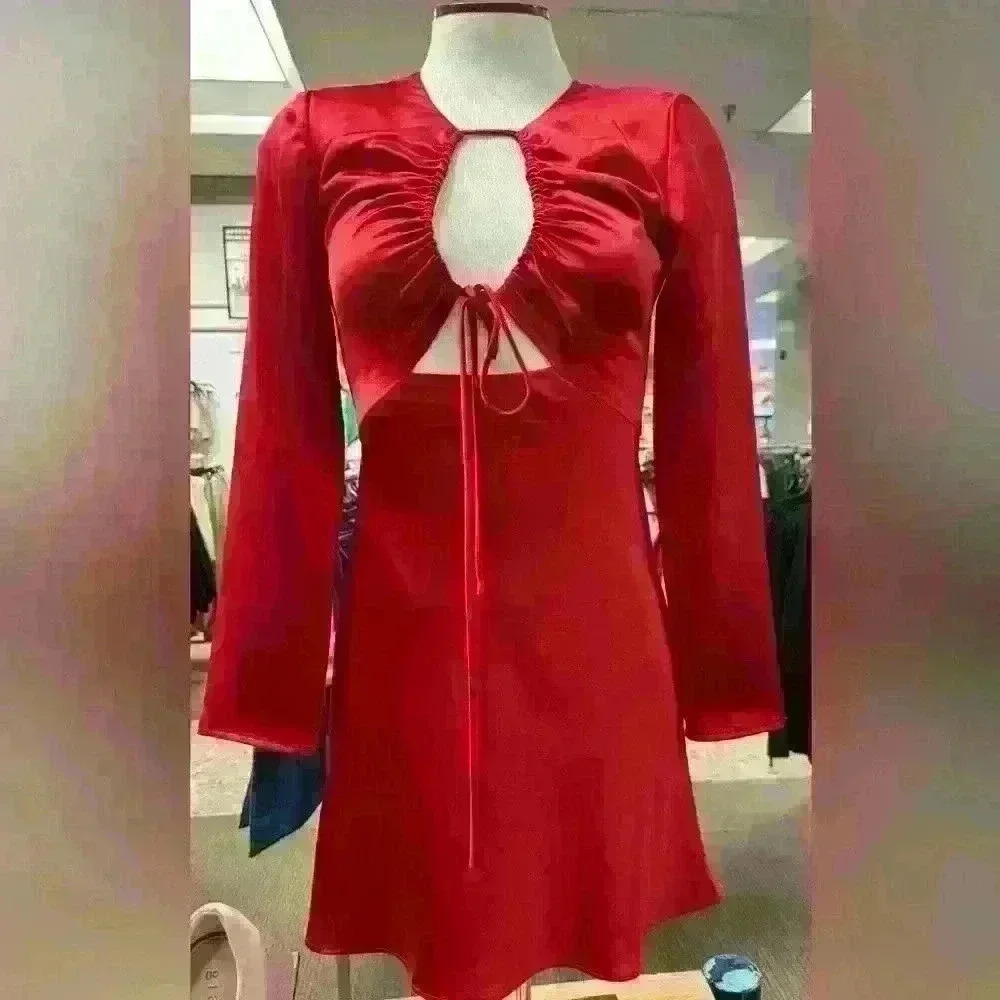 NWT Gianni Bini Raini Satin Tie Front Long Sleeve Dress. Color: Red Size…